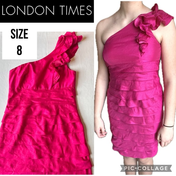 London Times Dresses & Skirts - London Times Womens Dress One Shoulder Fuchsia Pink Tiered Ruffles Knee Length 8